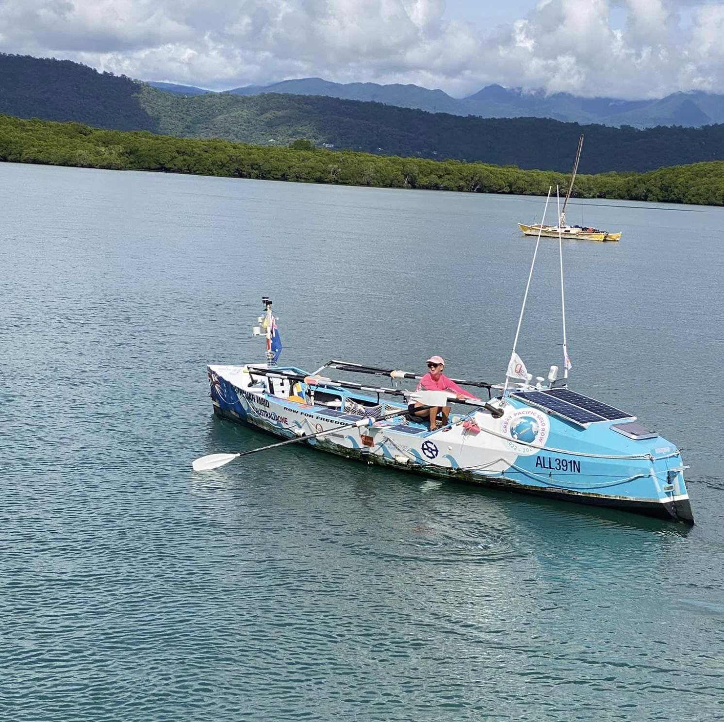 Michelle arriving in Cairns after rowing across the Pacific
