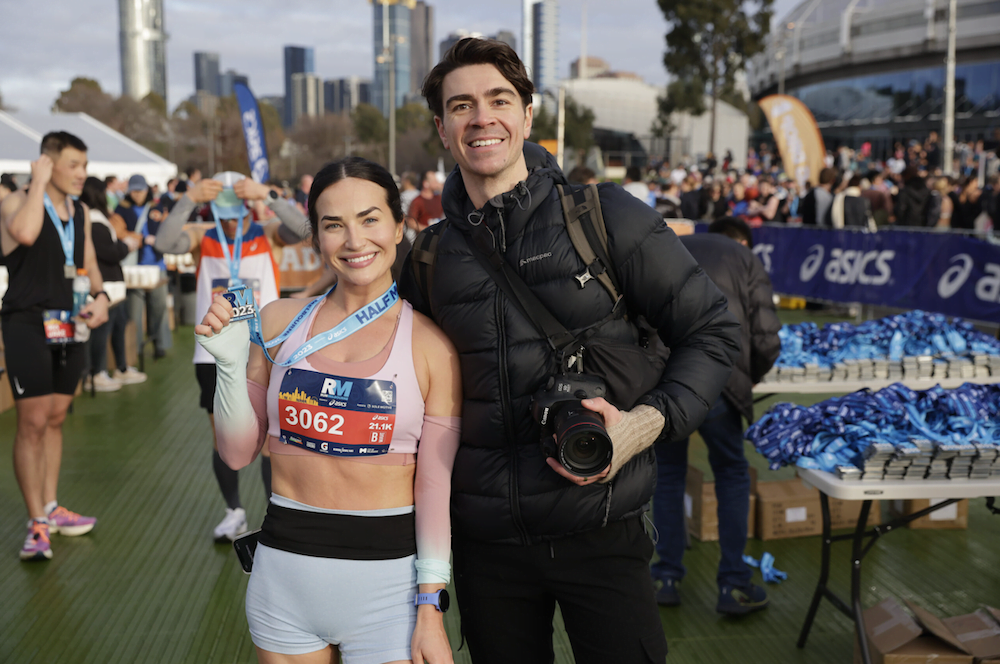 Image: At the completion of the 'Asics Run Melbourne' Half Marathon (2023) with my biggest support, my husband Jake.